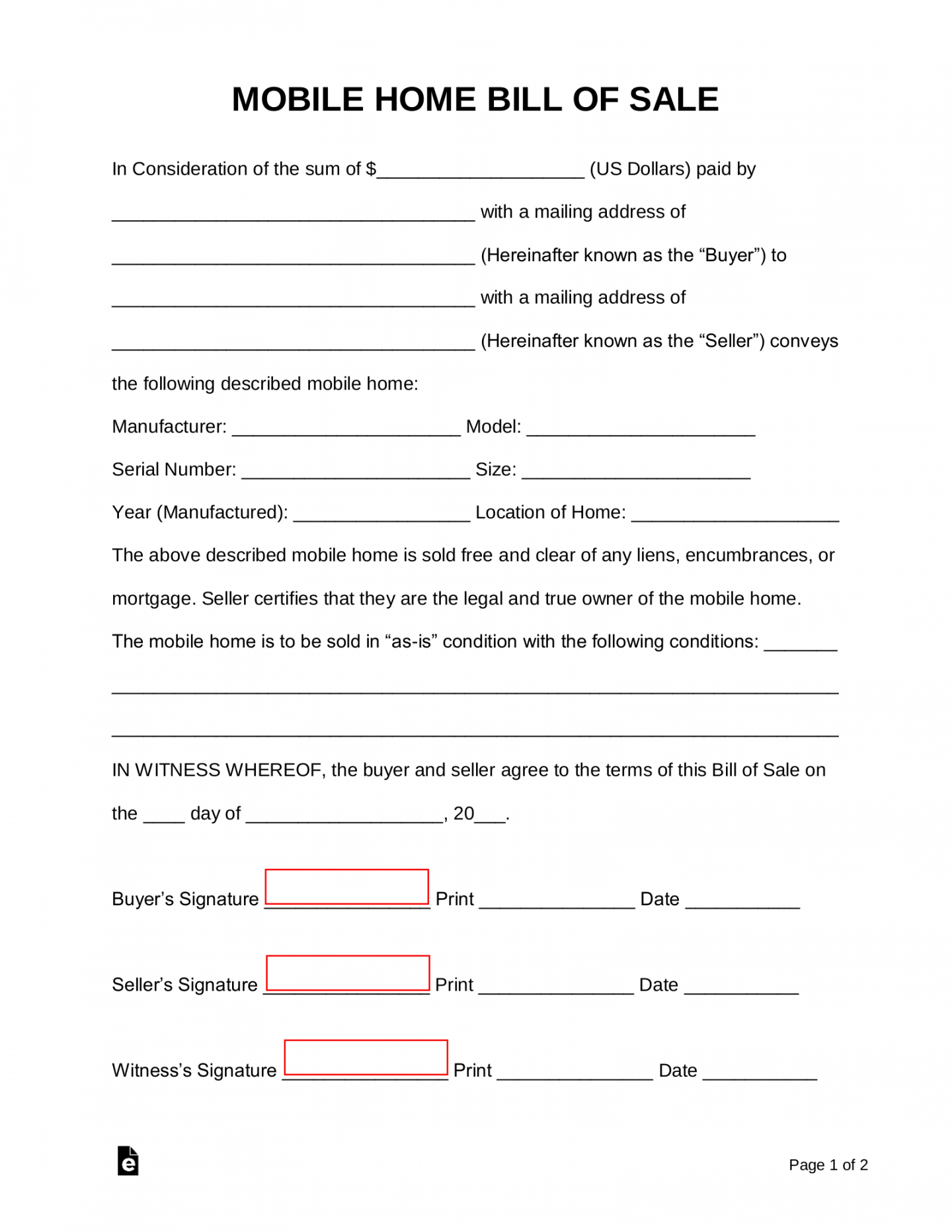 Free Mobile (Manufactured) Home Bill of Sale Form - PDF  Word  - FREE Printables - Free Printable Bill Of Sale For Mobile Home