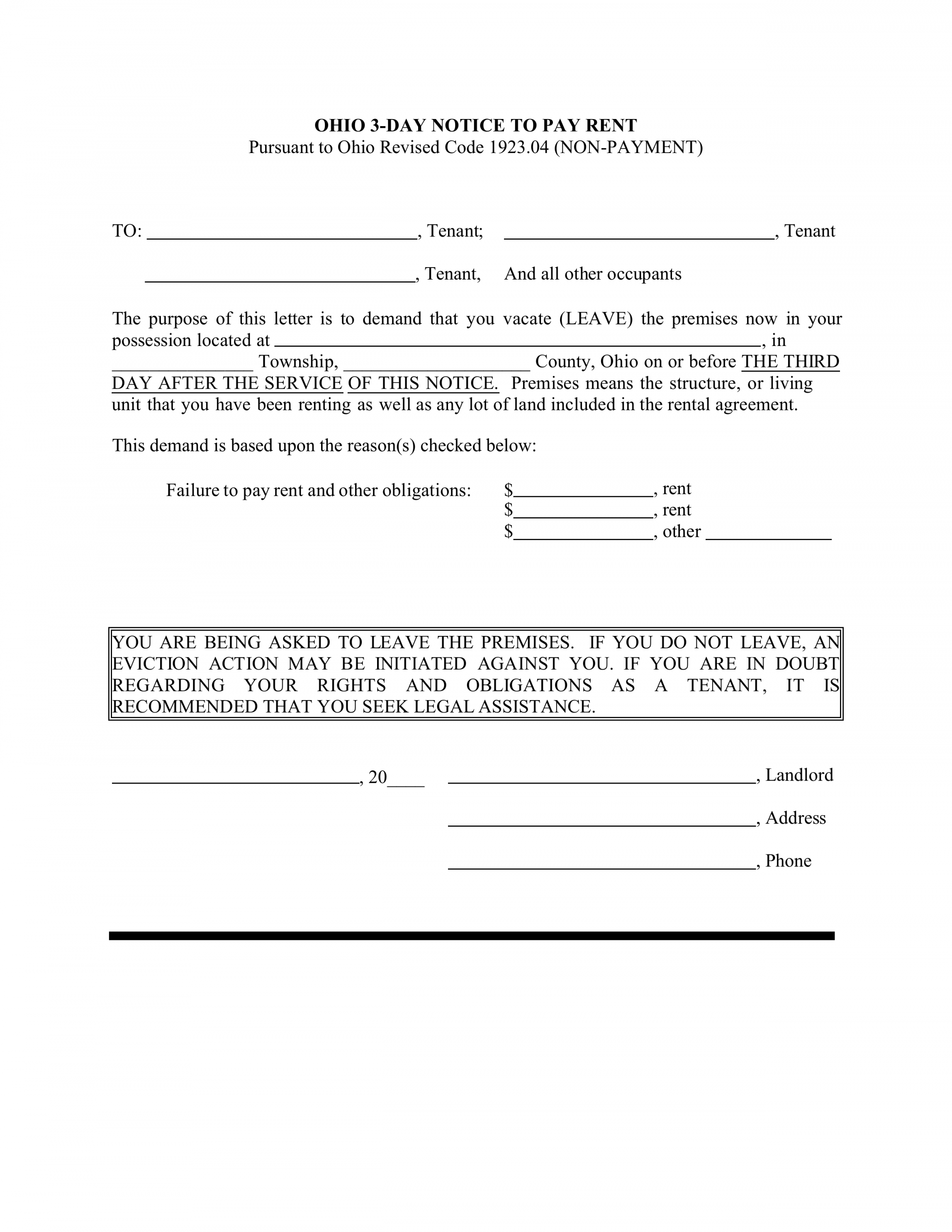 Free Ohio -Day Notice to Quit Form  Non-Payment - PDF  Word  - FREE Printables - Free Printable 3 Day Notice Form