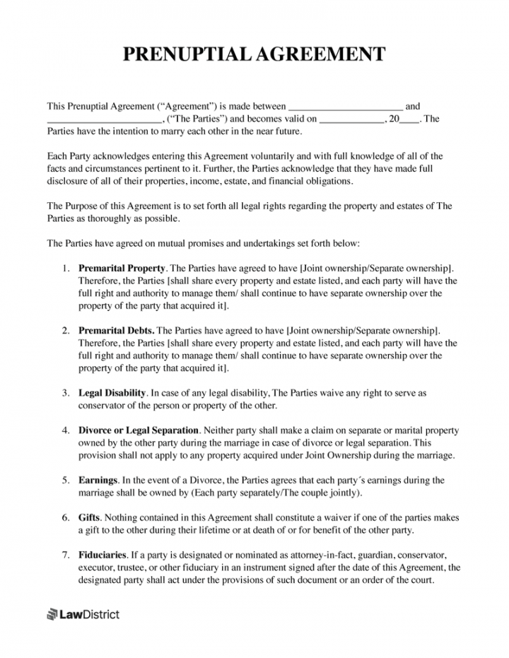 Free Prenuptial Agreement Template  PDF & Sample  LawDistrict - FREE Printables - Pdf Free Printable Prenuptial Agreement Form
