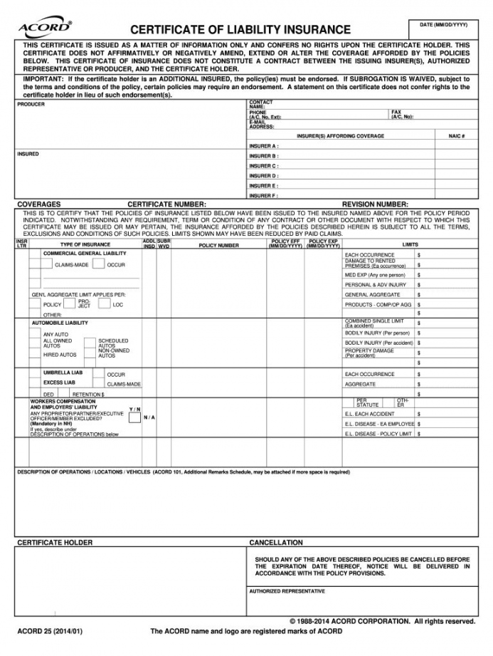 Free Printable Acord  Form - FREE Printables - Free Printable Blank Certificate Of Insurance Form