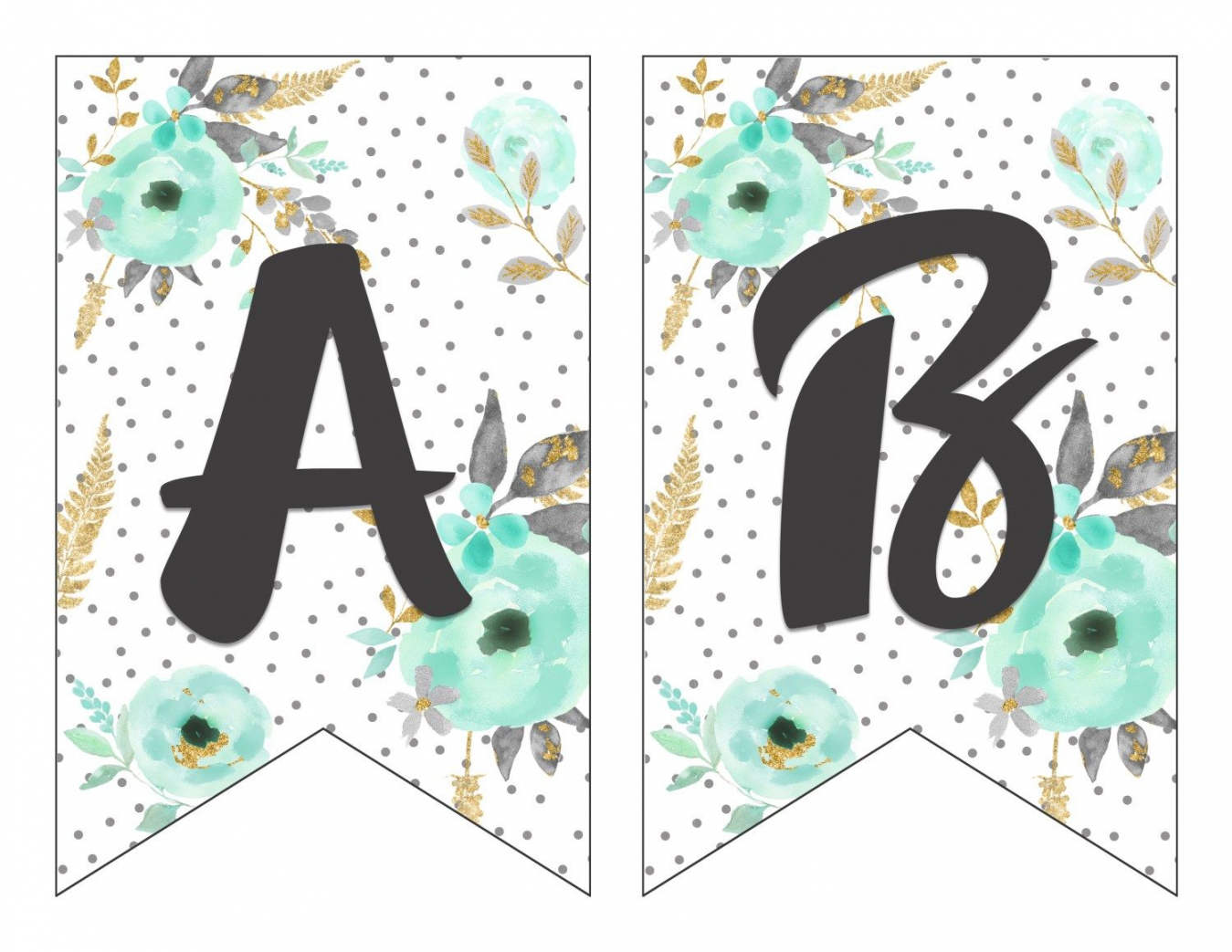Free Printable Alphabet Banner Mint and Gold  Free Printable  - FREE Printables - Free Printable Banner Letters