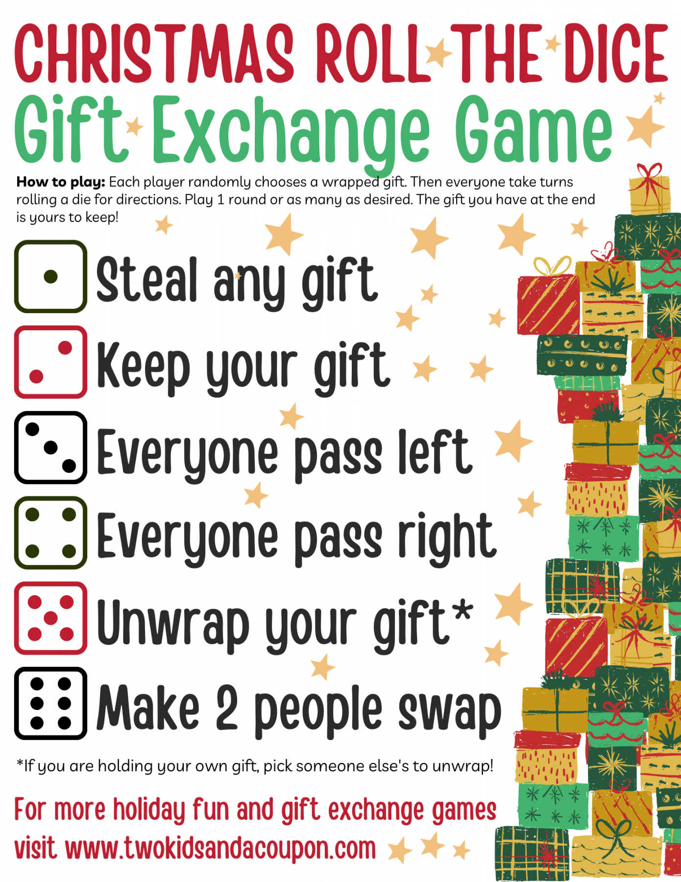 Free Printable Christmas Dice Game for Gift Exchanges - FREE Printables - Gift Exchange Dice Game Free Printable