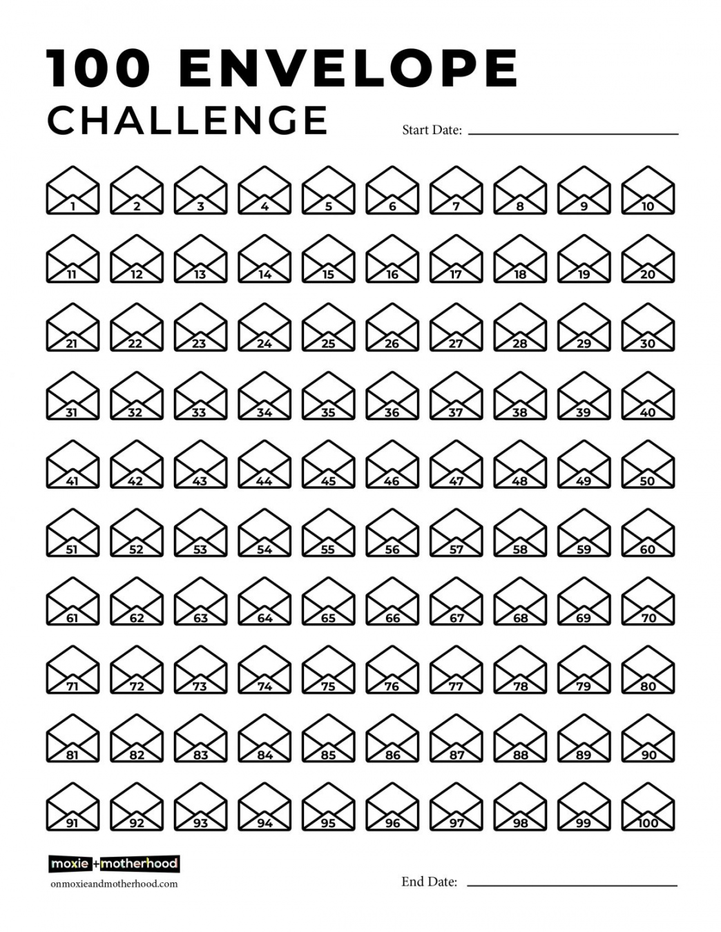 Free Printable  Envelope Challenge Chart - On Moxie and Motherhood - FREE Printables - Free Printable 100 Envelope Challenge