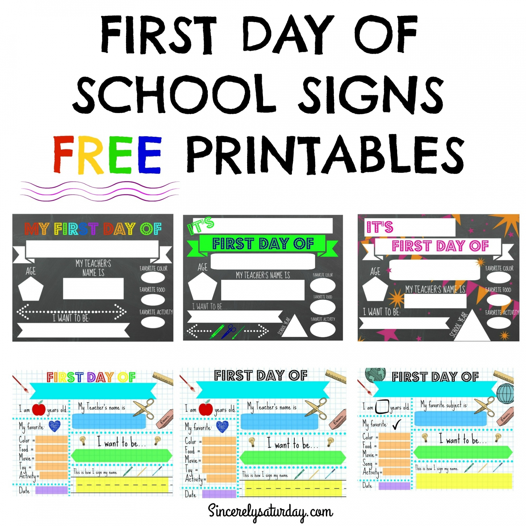 FREE PRINTABLE FIRST DAY OF SCHOOL SIGNS - Sincerely Saturday - FREE Printables - Free Printable First Day Of Kindergarten Sign