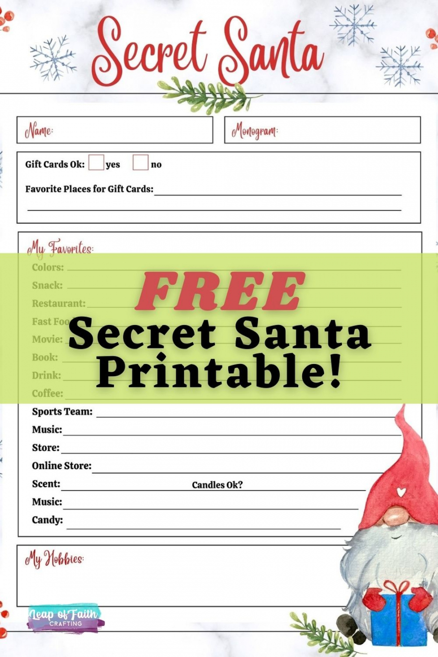 FREE Secret Santa List Printable Questionnaire:  Options! - Leap  - FREE Printables - Free Printable Secret Santa Questions