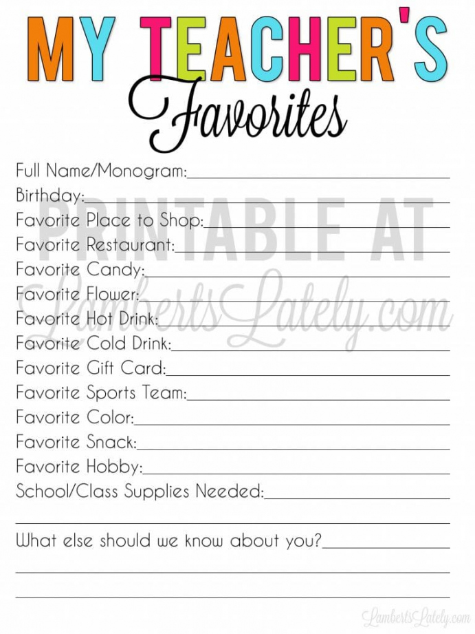 Free Teacher Favorite Things Form (Editable & Printable  - FREE Printables - Free Printable Teacher Favorite Things