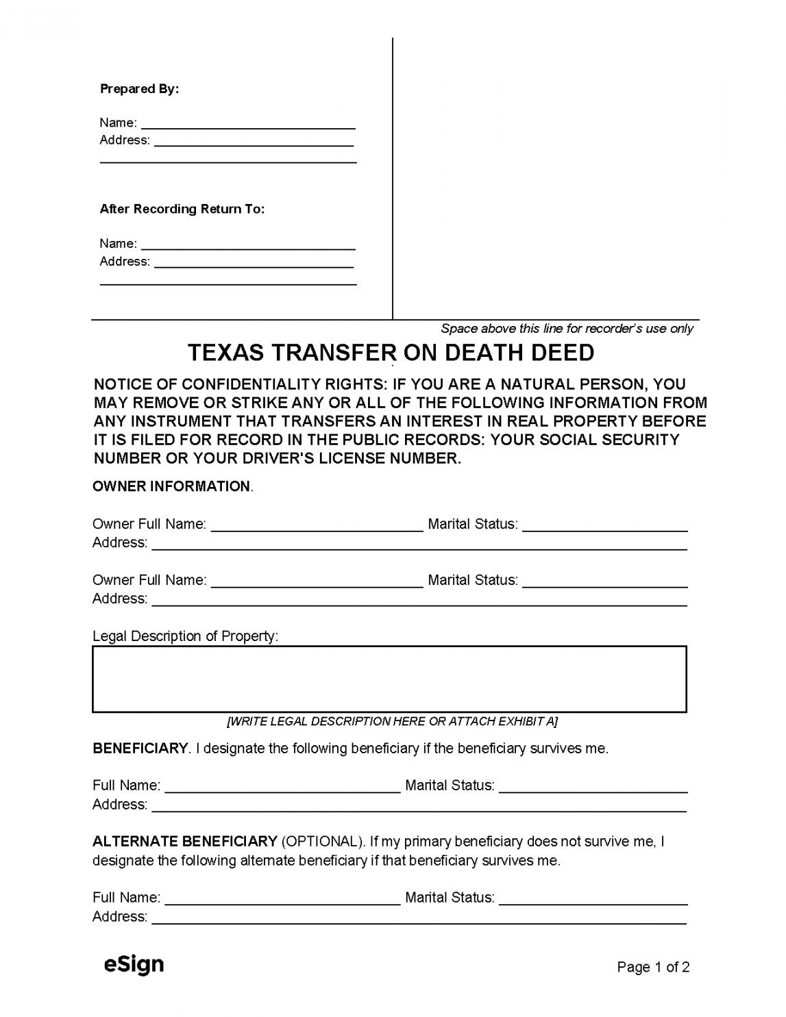 Free Texas Transfer on Death Deed Form  PDF  Word - FREE Printables - Free Printable Transfer On Death Deed Form