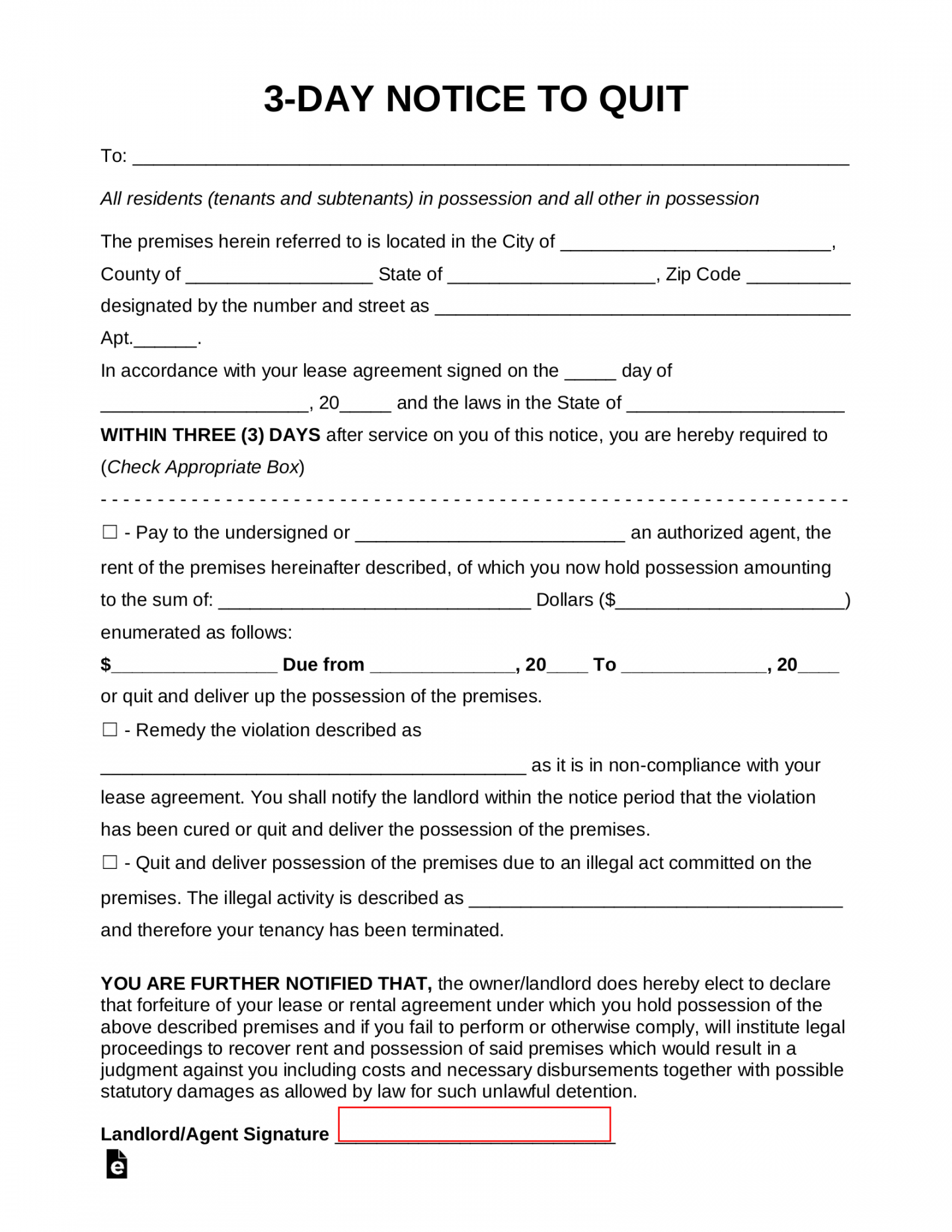 Free Three () Day Eviction Notice to Pay or Quit - PDF  Word  - FREE Printables - Free Printable 3 Day Notice Form