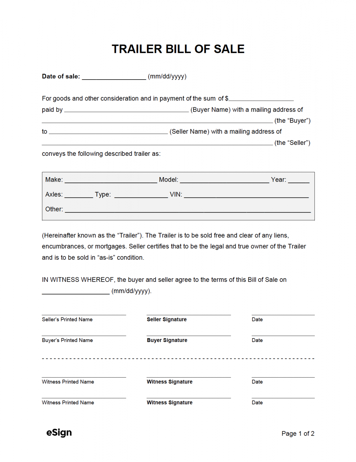 Free Trailer Bill of Sale Form  PDF  Word - FREE Printables - Free Printable Bill Of Sale For Trailer