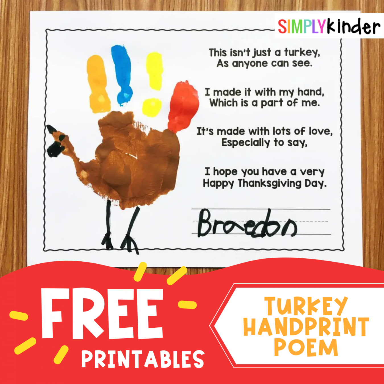 Free Turkey Handprint Poem - Simply Kinder - FREE Printables - Free Printable Turkey Handprint Poem Printable