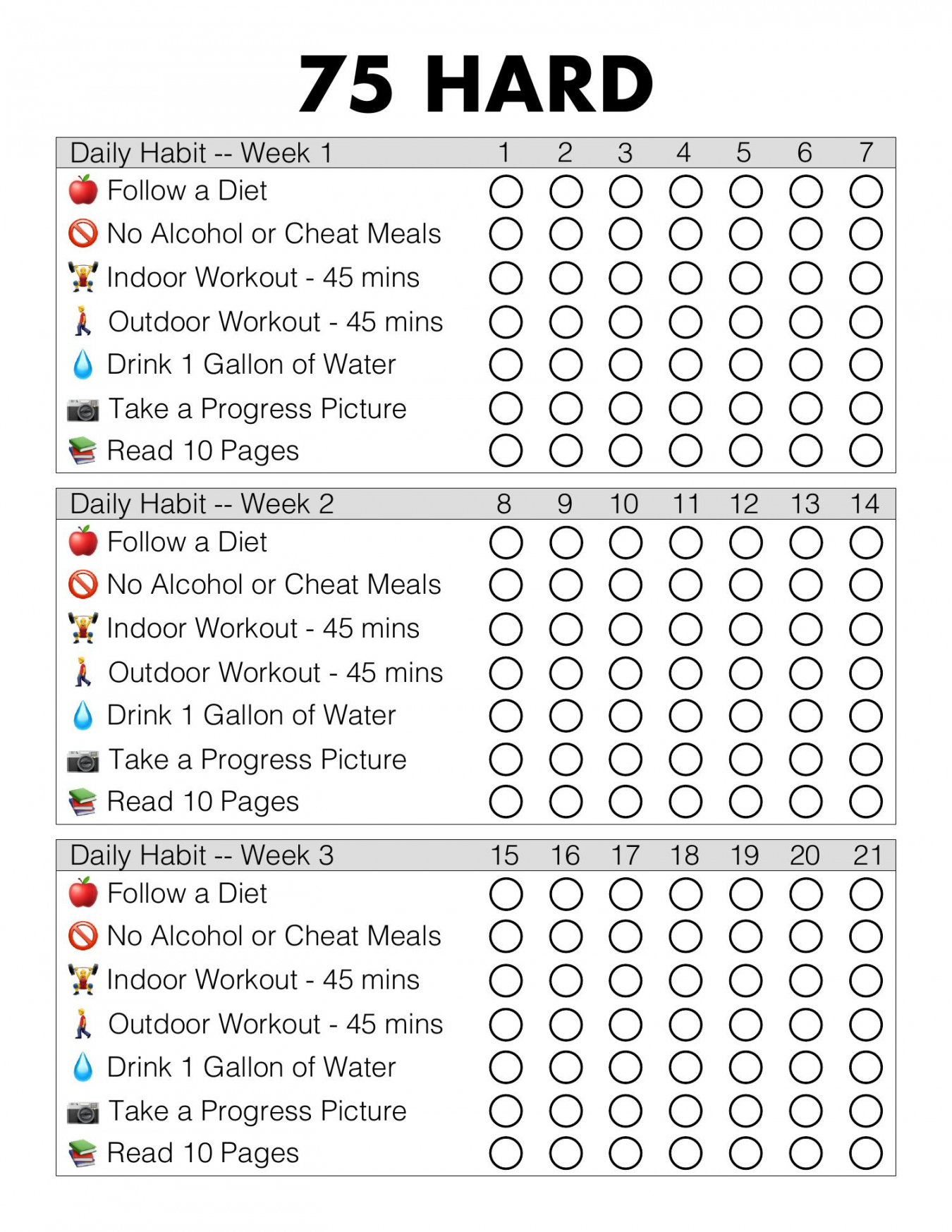 Hard Tracker - 75 Hard Challenge Printable Free