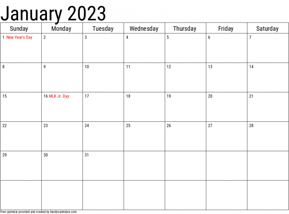 January Calendars - Handy Calendars - FREE Printables - Free Printable January 2023 Calendar With Holidays