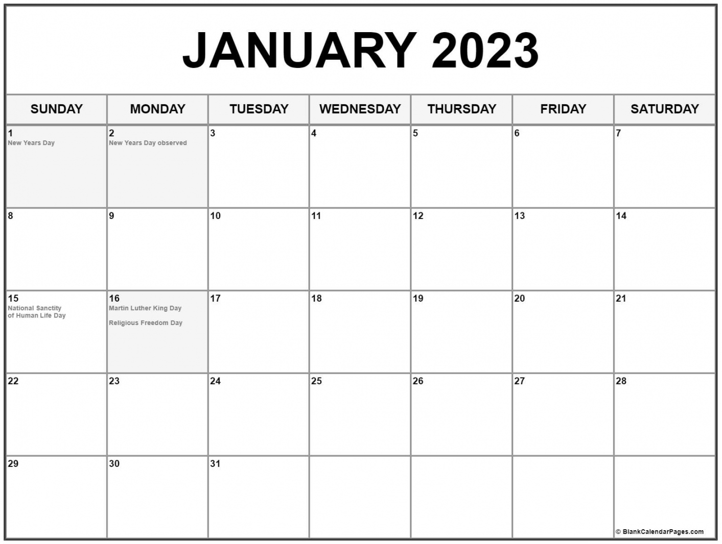 January  with holidays calendar - FREE Printables - Free Printable January 2023 Calendar With Holidays