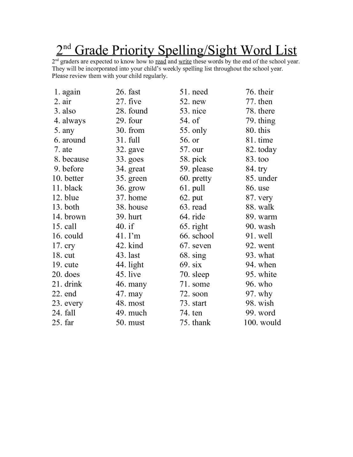 nd Grade Sight Word List Printable  Grade spelling, Spelling  - FREE Printables - Free Printable 2nd Grade Sight Words