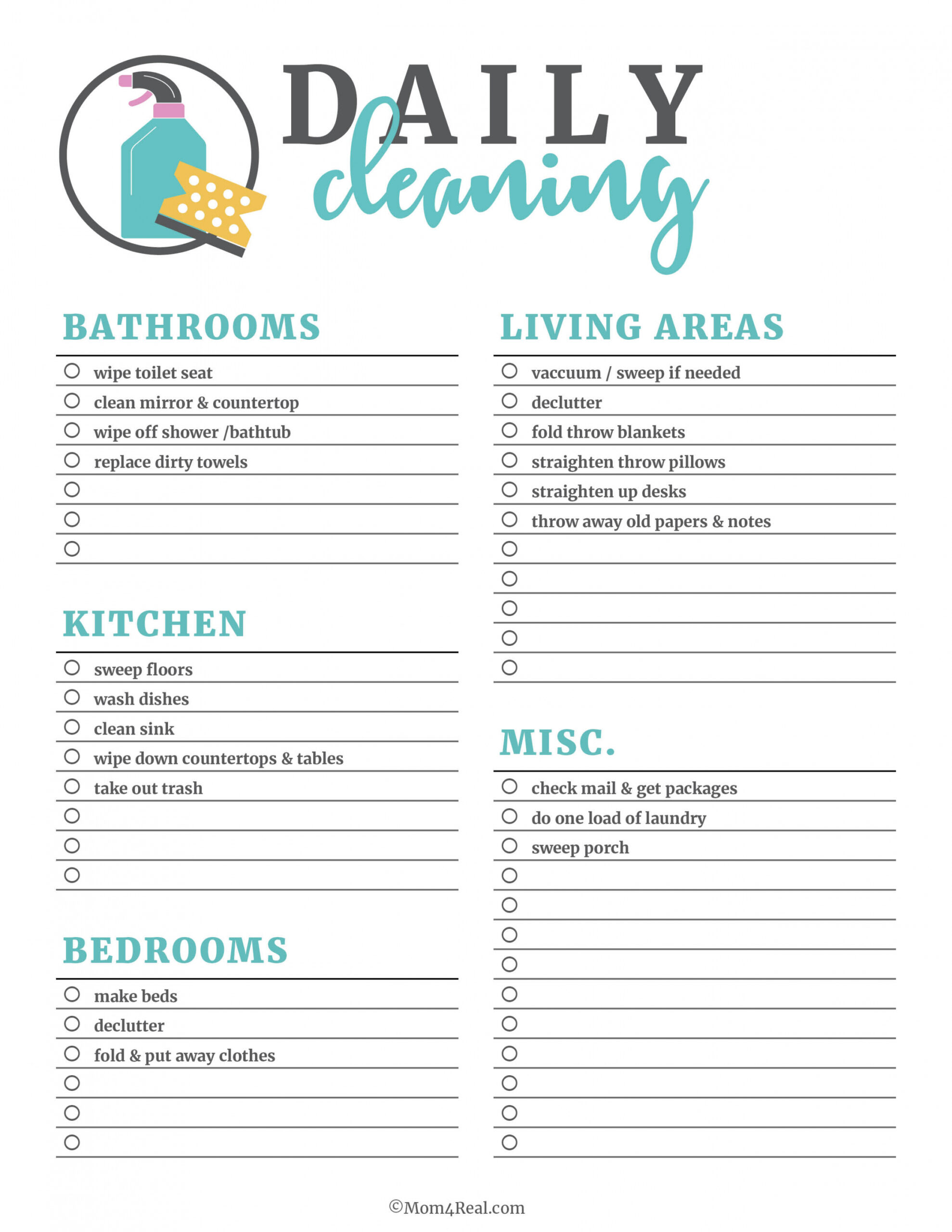 Printable Cleaning Checklists for Daily, Weekly and Monthly Cleaning - FREE Printables - Free Cleaning Schedule Printable