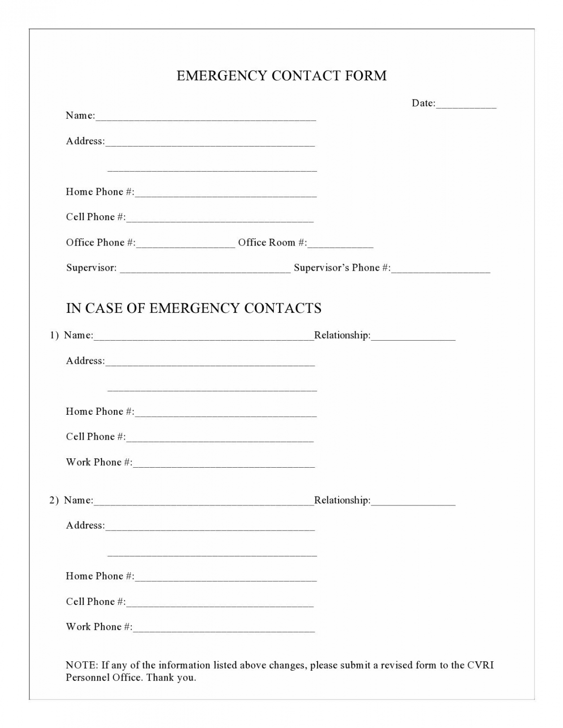 Printable Emergency Contact Forms (% Free) - FREE Printables - Free Printable Emergency Contact Form