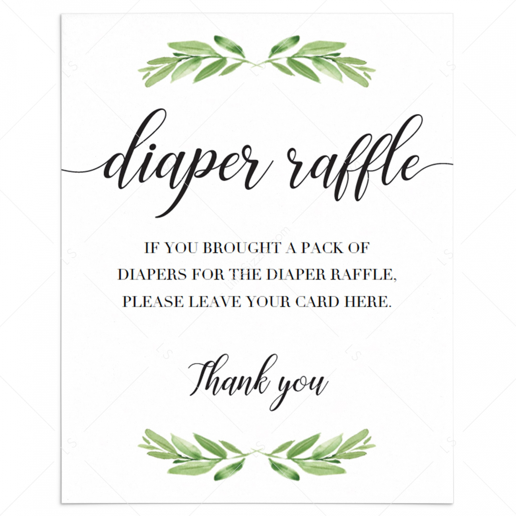 Printable greenery diaper raffle sign for gender neutral baby shower - FREE Printables - Free Diaper Raffle Printable