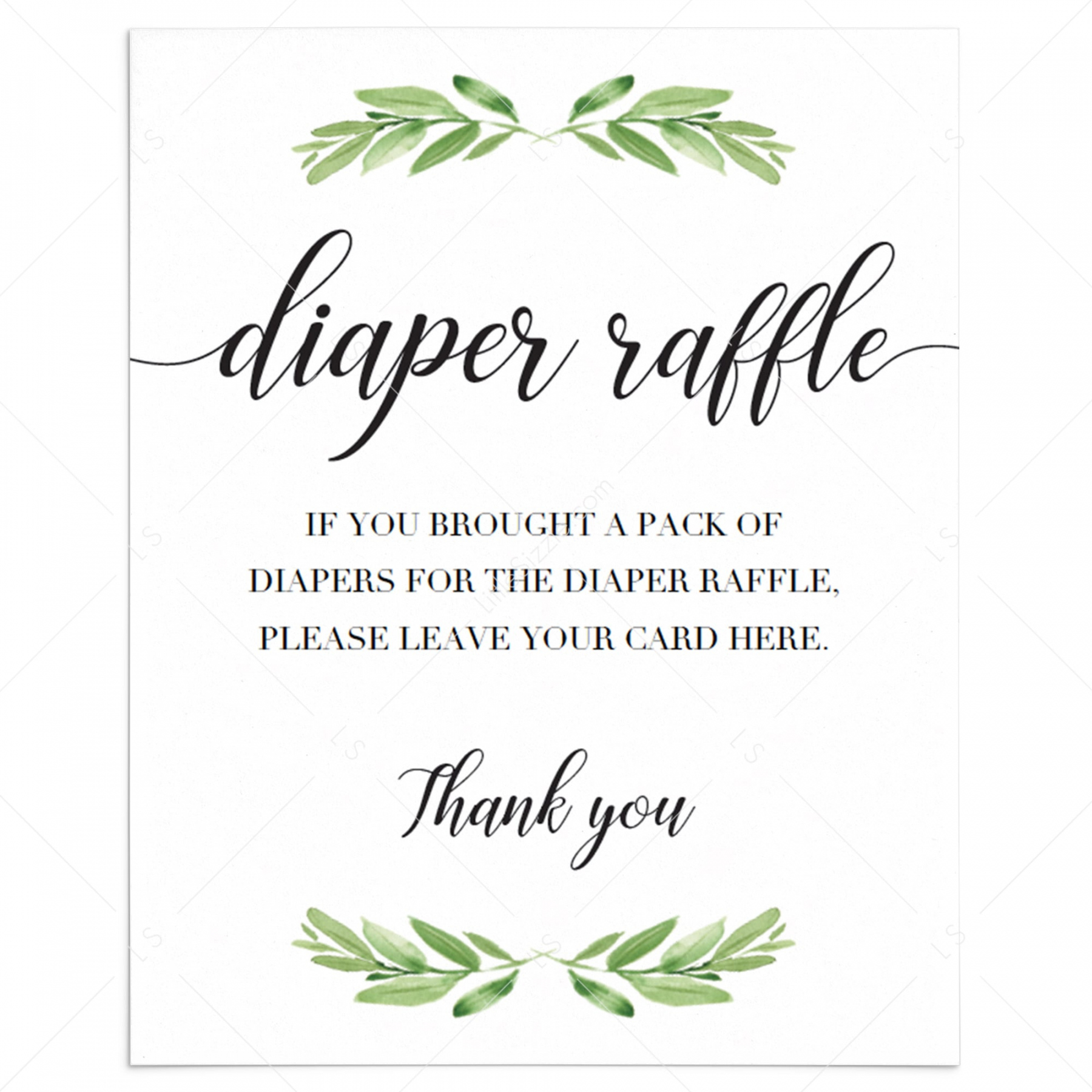 Printable greenery diaper raffle sign for gender neutral baby shower - FREE Printables - Diaper Raffle Printable Free