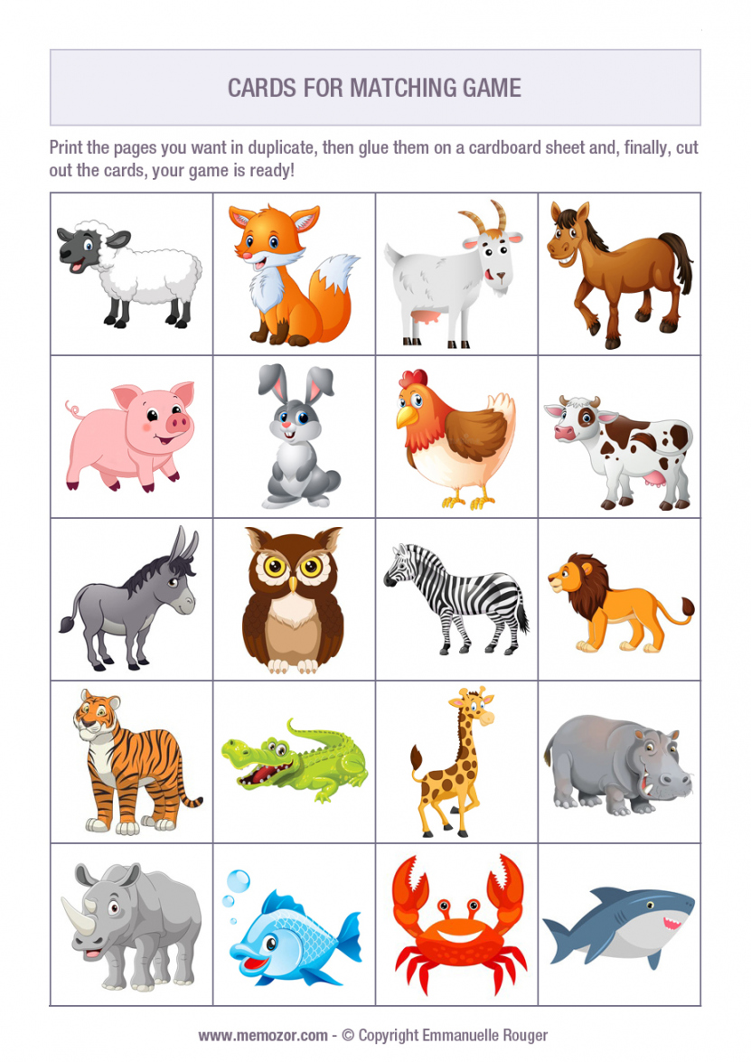 Printable Matching game - Animals Cards - Free  Memozor - FREE Printables - Free Printable Pictures Of Animals