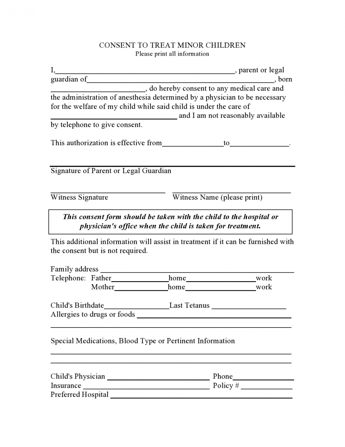 Printable Medical Consent Forms for Minor (Free) - FREE Printables - Free Printable Child Medical Consent Form For Grandparents