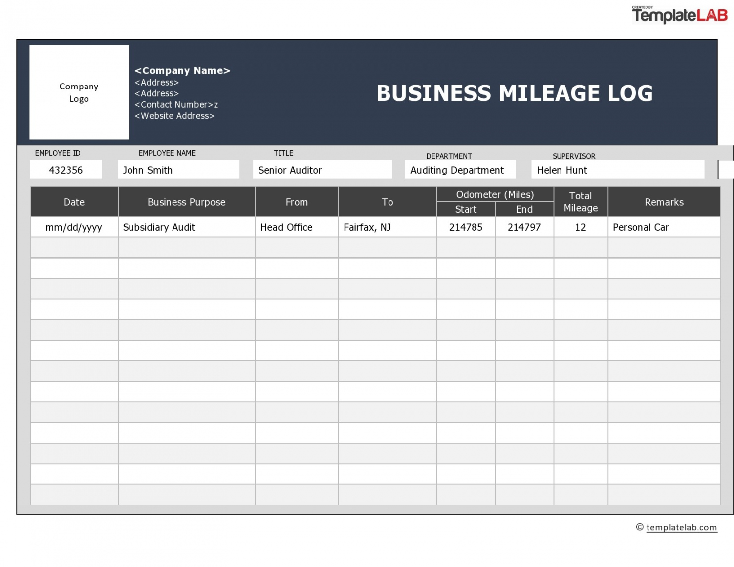 Printable Mileage Log Templates (Free) ᐅ TemplateLab - FREE Printables - Pdf Free Printable Mileage Log Form