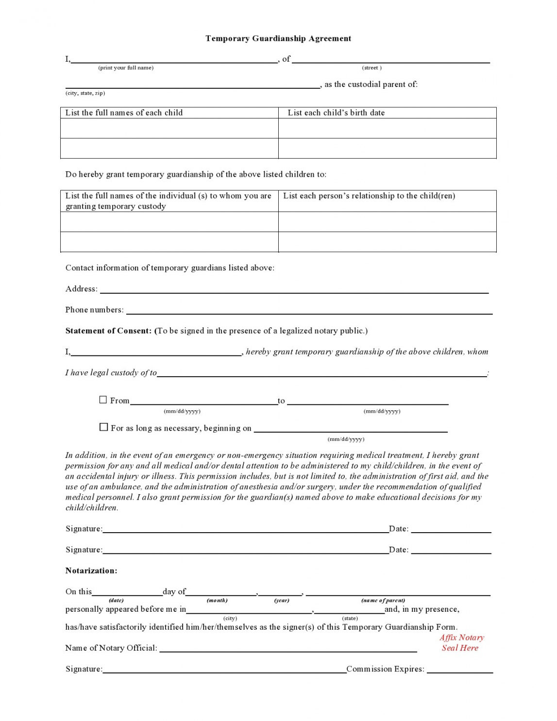 Printable Temporary Guardianship Forms [All States] ᐅ - FREE Printables - Free Printable Guardianship Forms