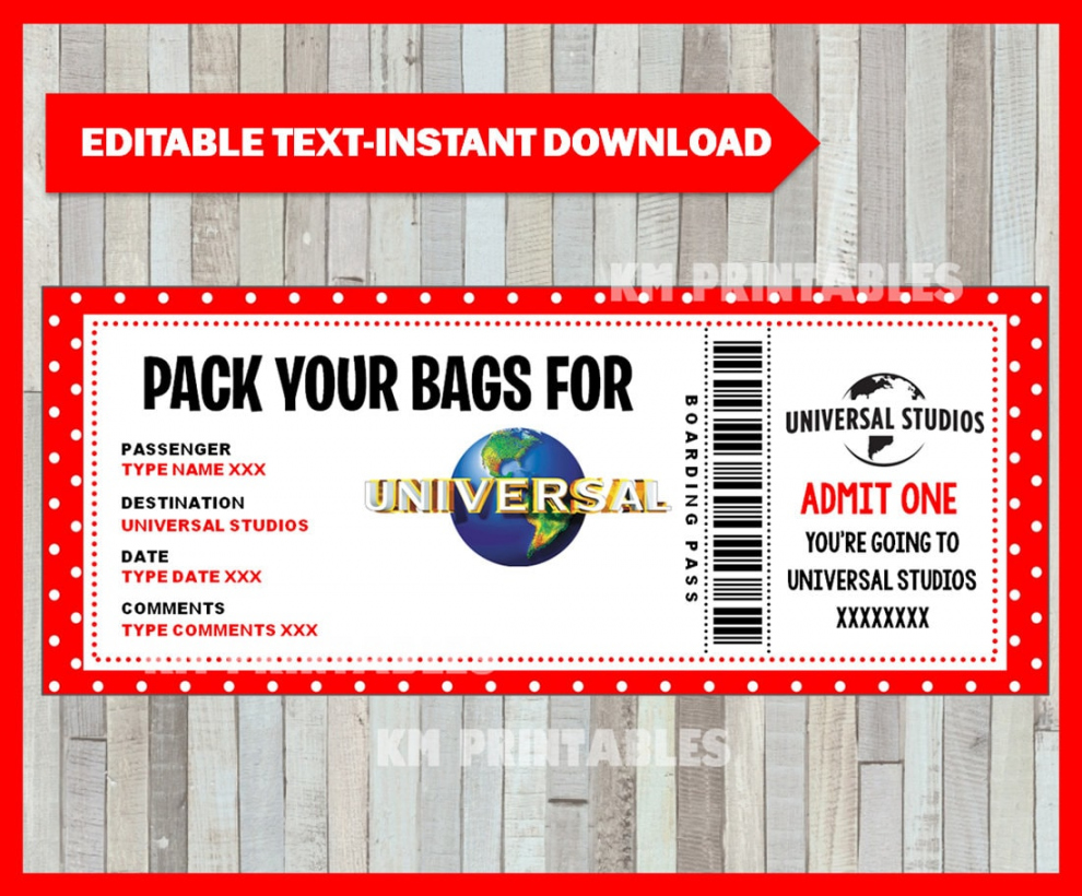 Printable Ticket To Universal DIY Personalize, Universal Boarding Pass  Surprise, Editable INSTANT DOWNLOAD - FREE Printables - Free Printable Universal Studios Tickets