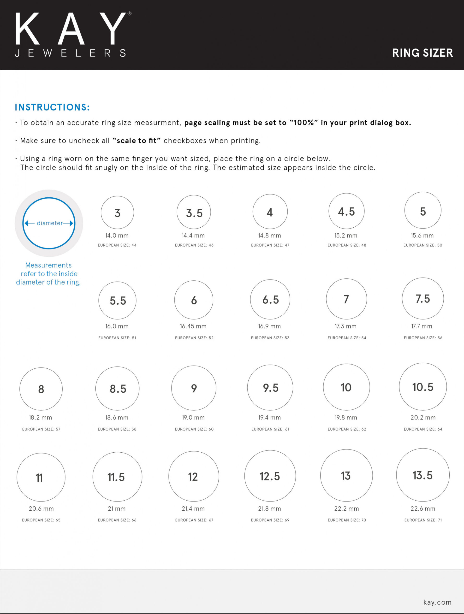 Ring Size Chart  Kay - FREE Printables - Free Printable Ring Size Chart