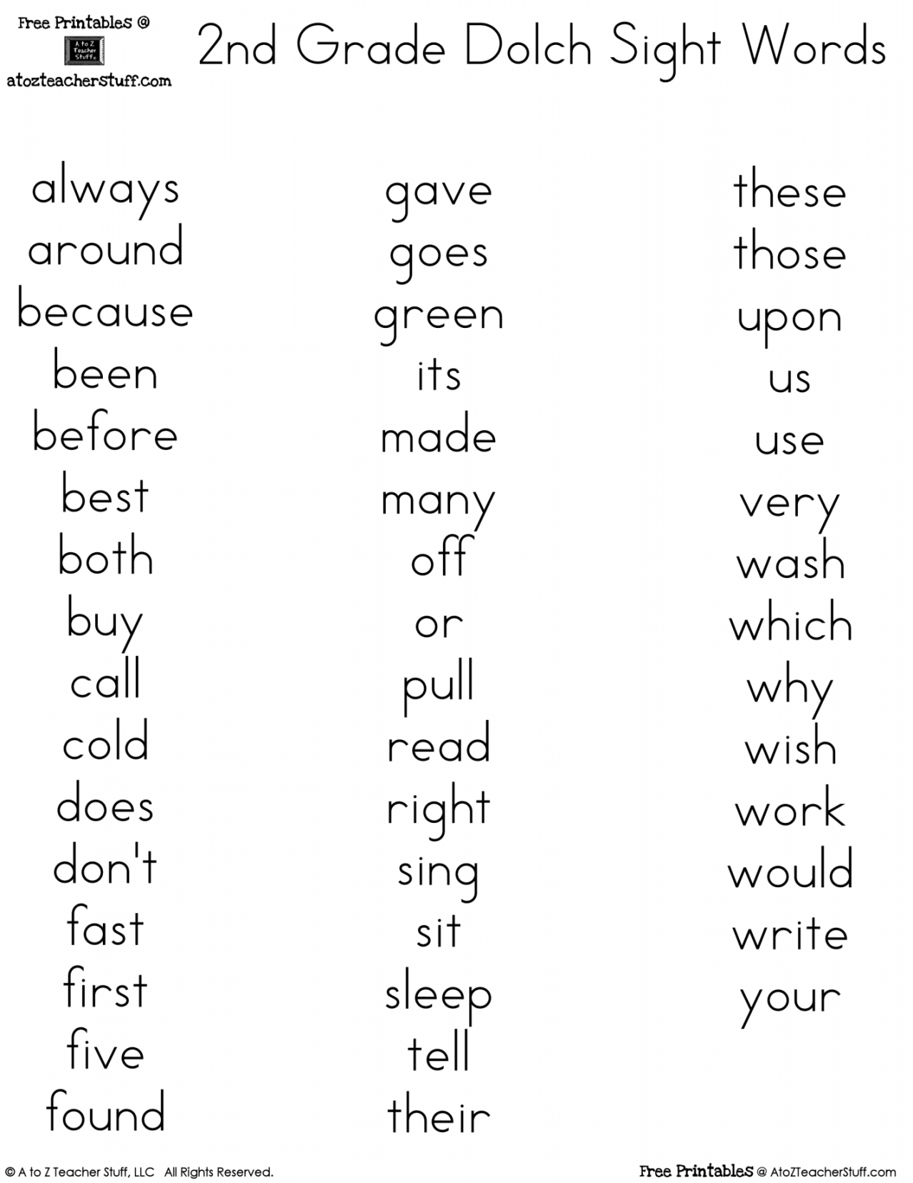 Second Grade Dolch Sight Word Printables  A to Z Teacher Stuff  - FREE Printables - Free Printable 2nd Grade Sight Words