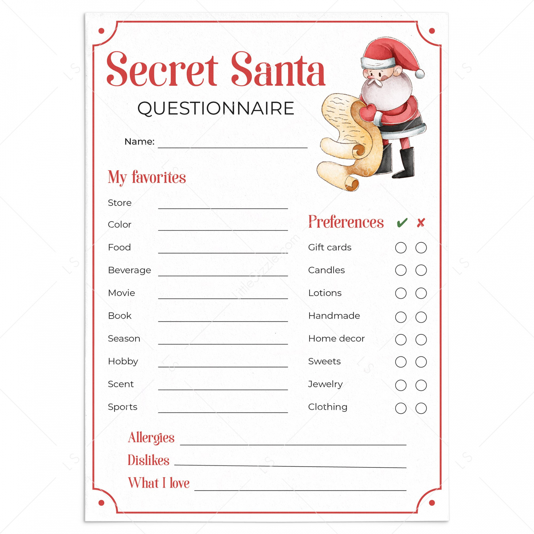Secret Santa Questionnaire for Gift Exchange Printable - FREE Printables - Secret Santa Questionnaire Free Printable