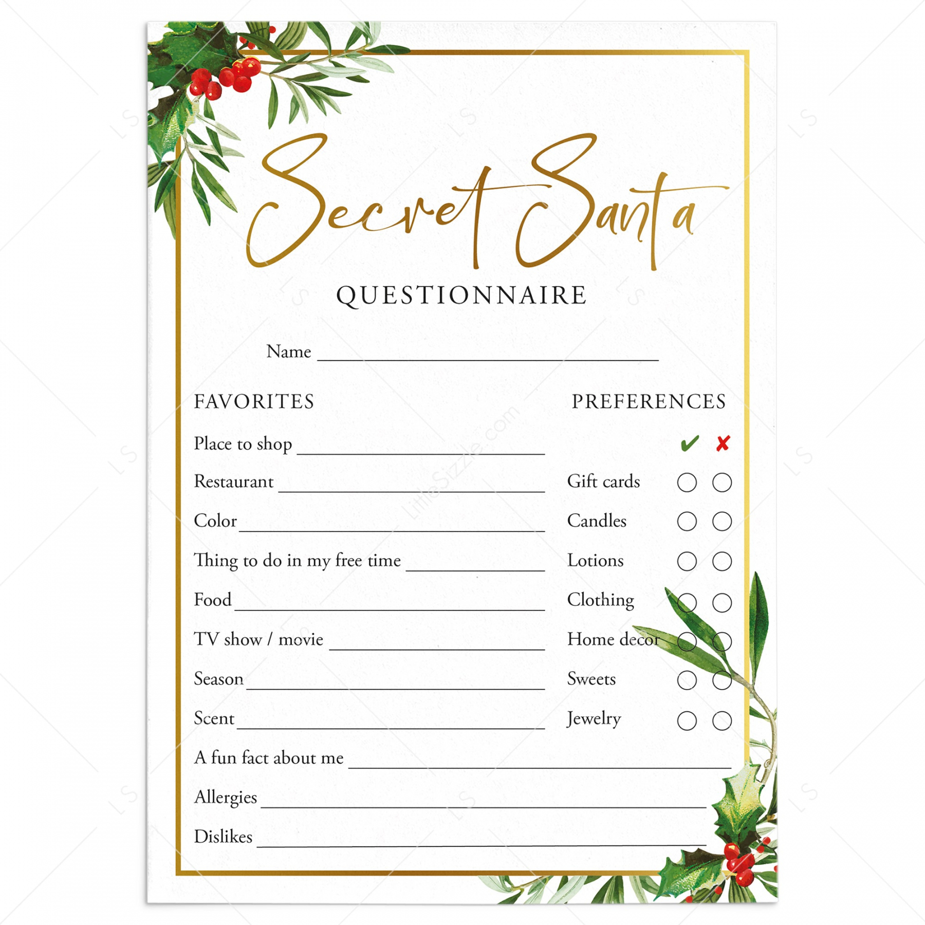 Secret Santa Questions Form for Adults Printable  Holiday Gift Exchange  Cards - FREE Printables - Secret Santa Questionnaire Free Printable