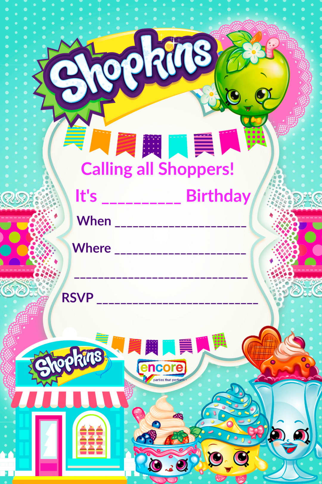 Shopkins Party Invite Download FREE!  Encore Kids Parties - FREE Printables - Shopkins Invitations Free Printable