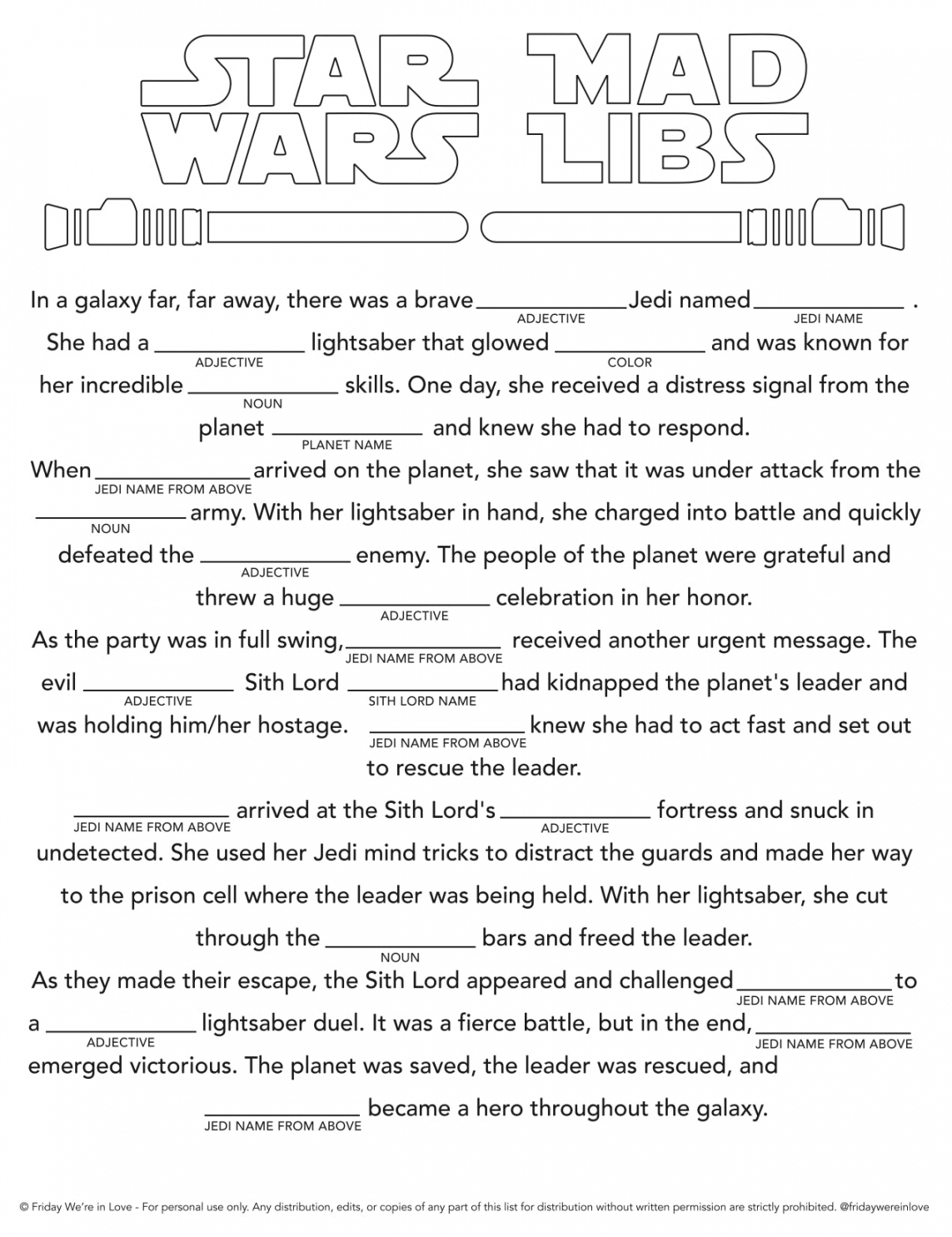 Star Wars Mad Libs Printable - Friday We