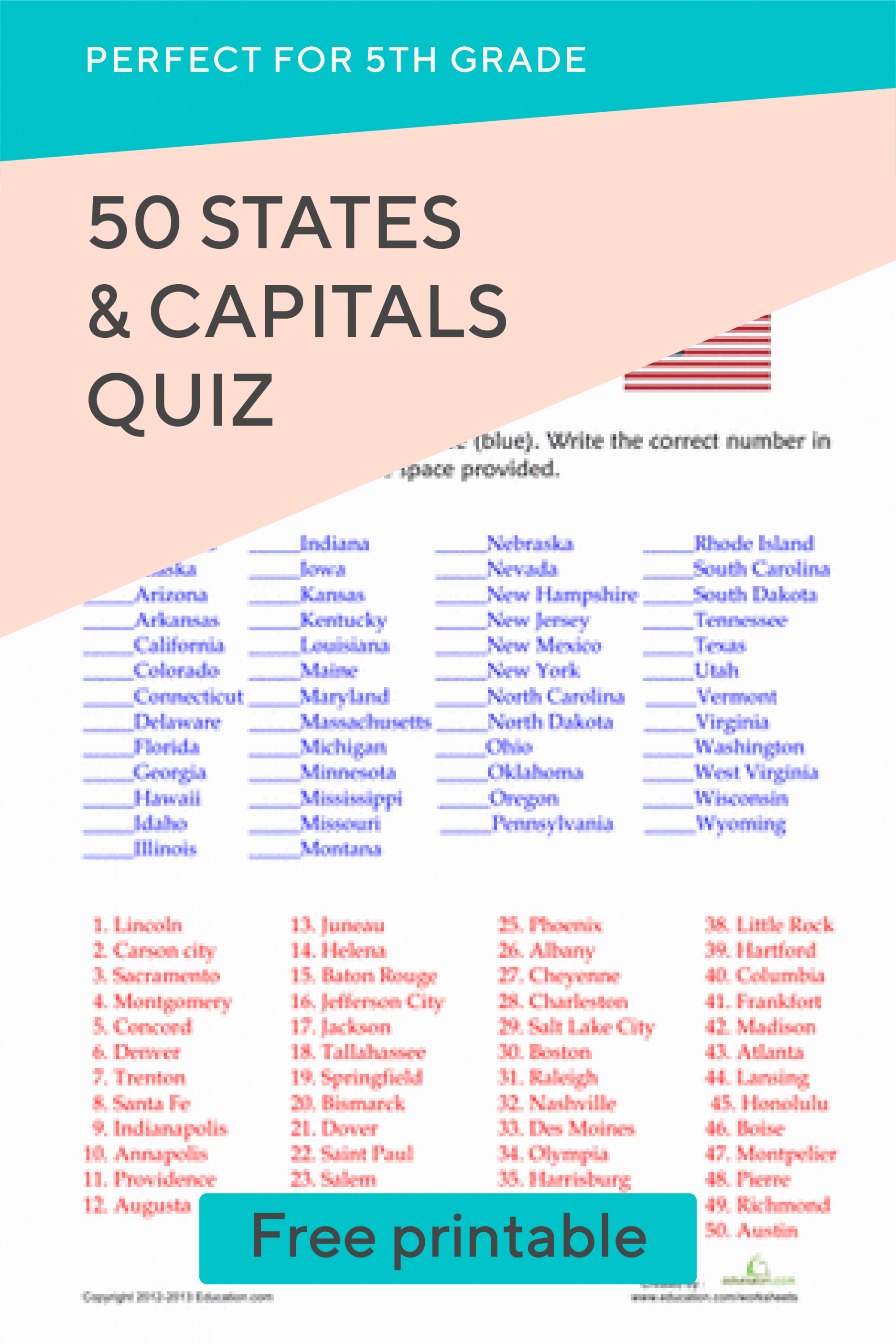States and Capitals Quiz  Worksheet  Education - Printable Free States And Capitals Quiz Printable