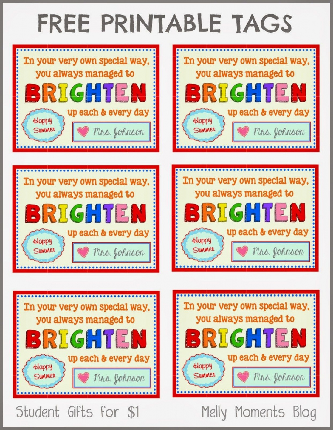 STUDENT GIFT TAGS TEACHER THANK YOU TAGS  Student teacher gifts  - FREE Printables - Free Printable End Of Year Gift Tags For Students