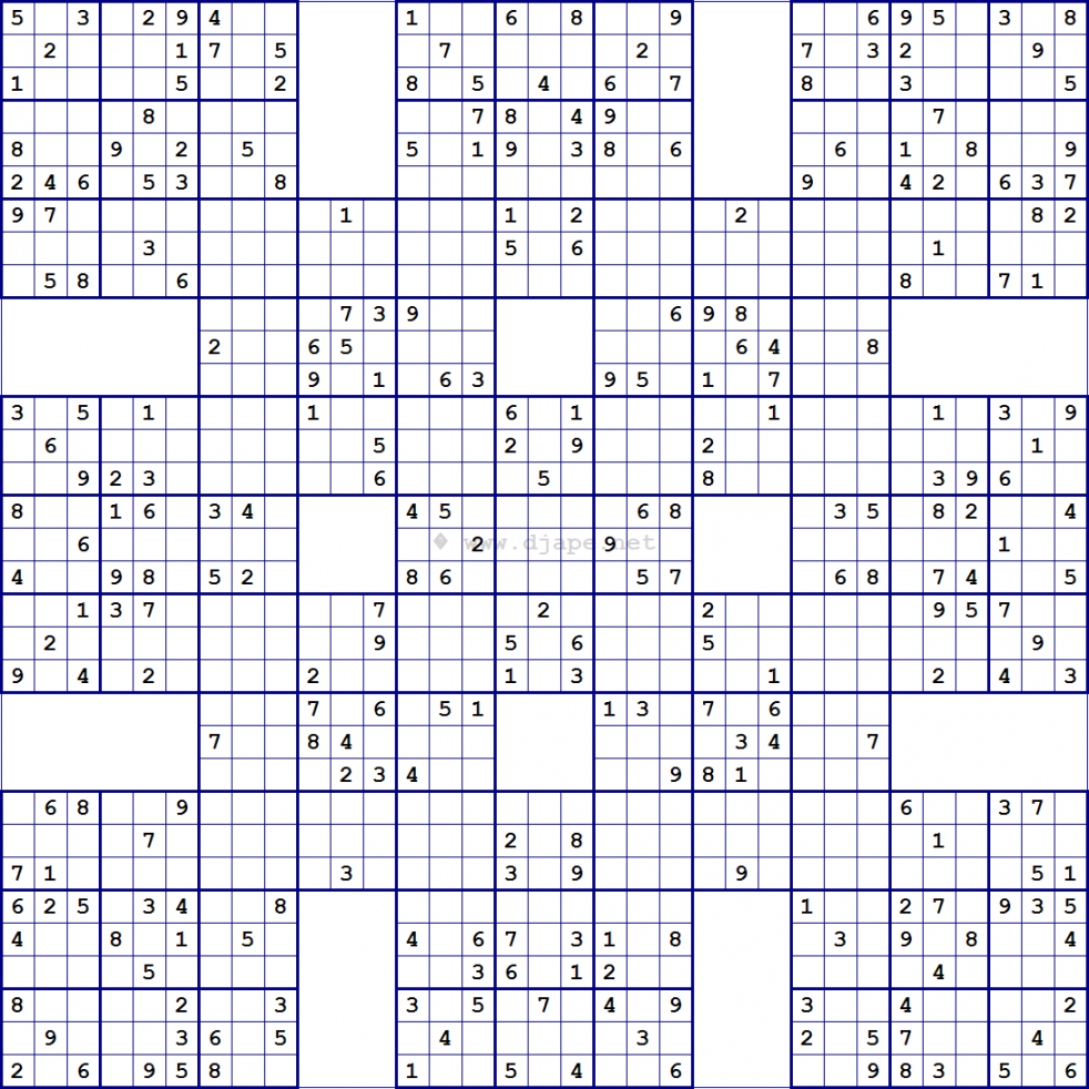 Super Samurai Sudoku  grids - FREE Printables - Free Printable Samurai Sudoku