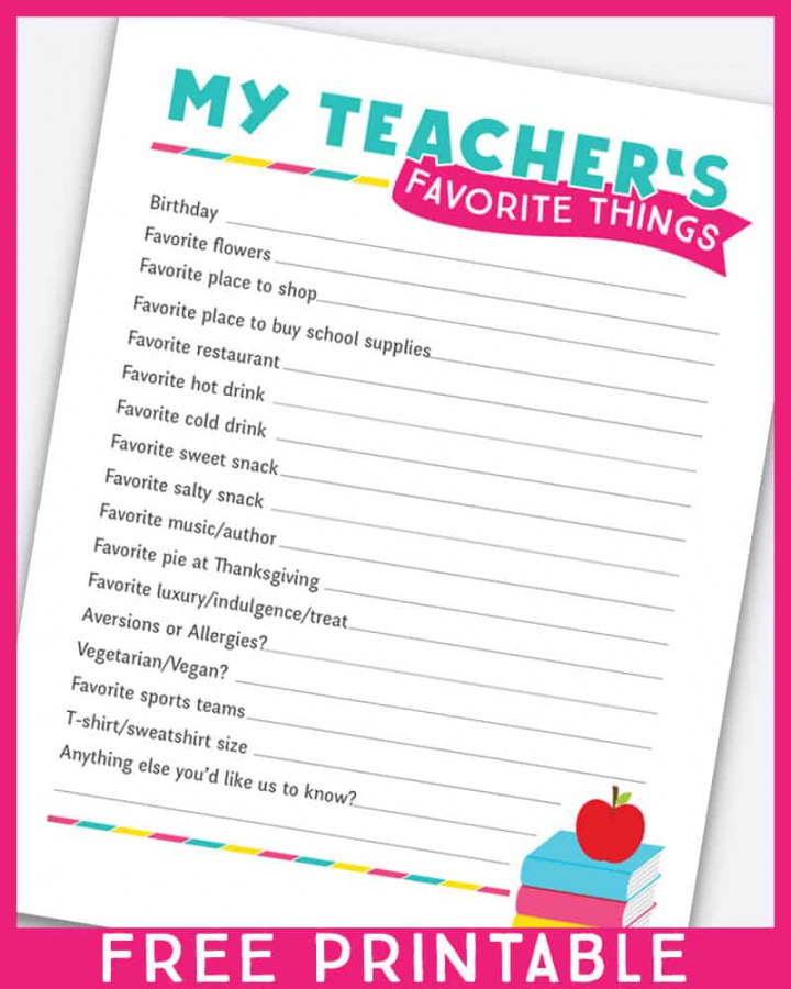 Teacher Favorite Things Printable Questionnaires for Teacher  - FREE Printables - Free Printable Teacher Favorite Things