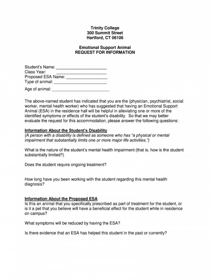 Trinity College Emotional Support Animal (ESA) Request Form  - FREE Printables - Doctor Printable Free Emotional Support Animal Letter