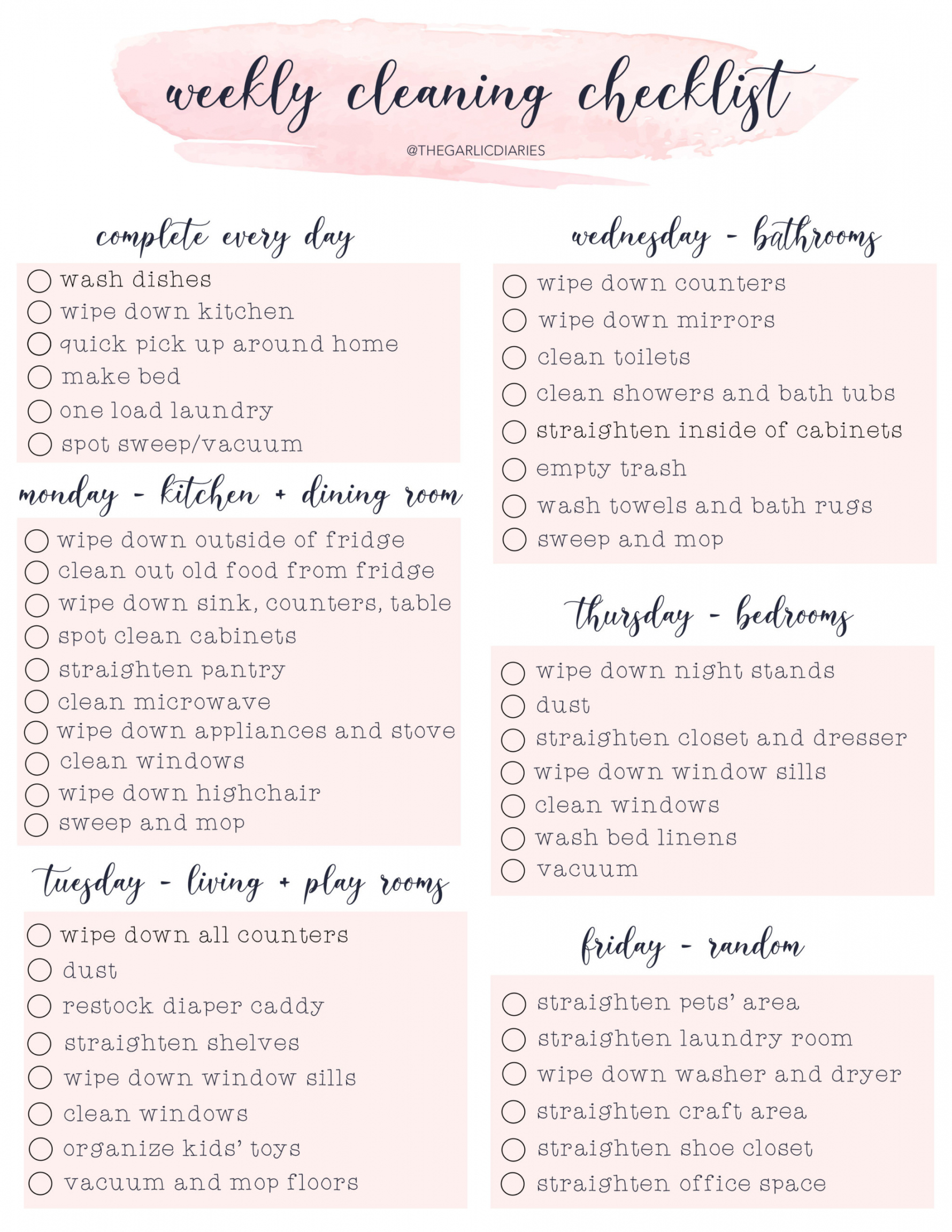Weekly Cleaning Checklist (with free downloadable) - FREE Printables - Free Cleaning Schedule Printable