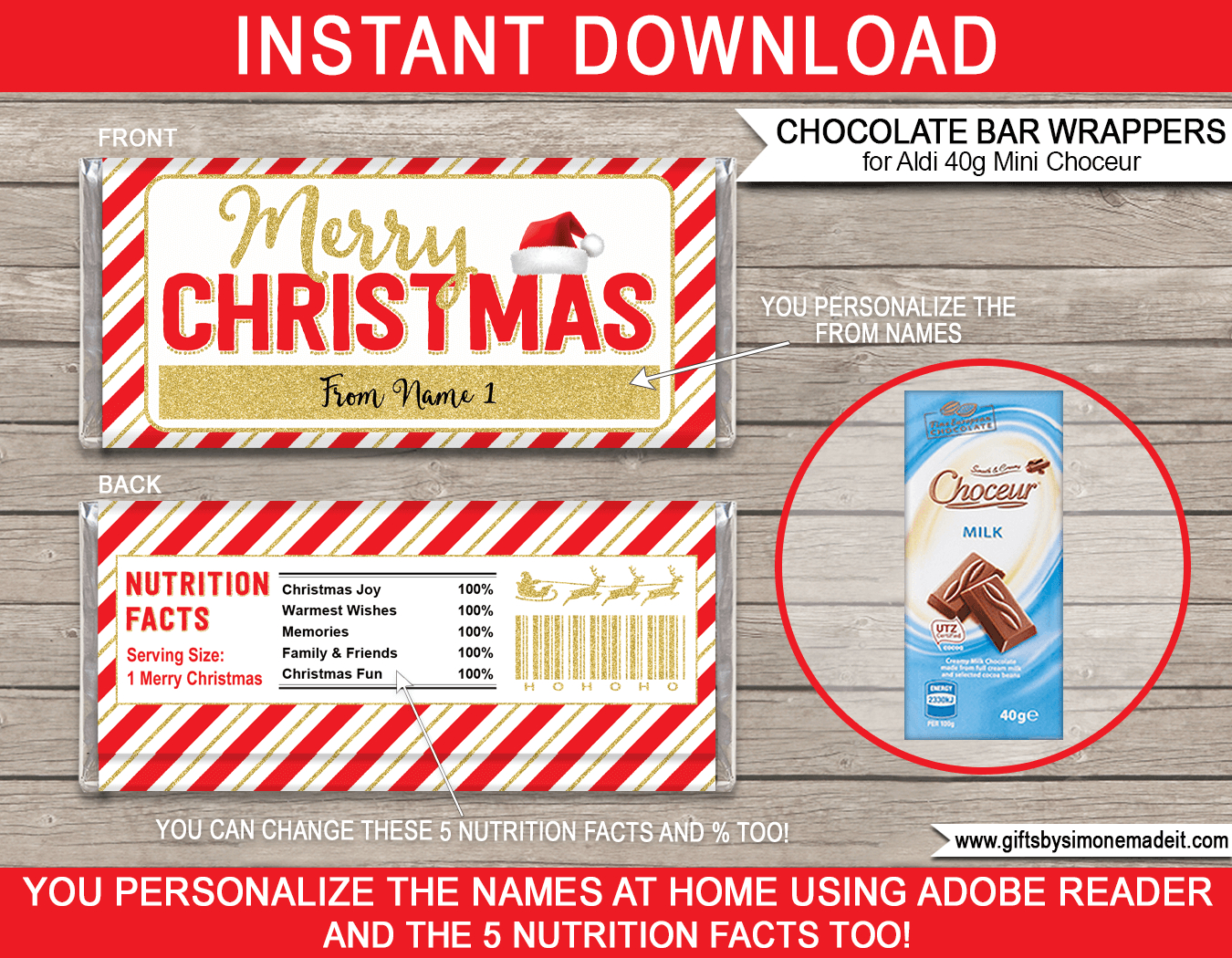 Christmas Chocolate Bar Wrappers (Mini Choceur) - Red &amp;amp; Gold in Free Printable Christmas Candy Bar Wrappers