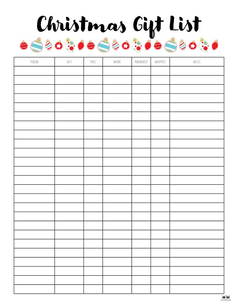 Christmas Gift List Templates - 20 Free Pages | Printabulls for Printable Christmas Shopping List