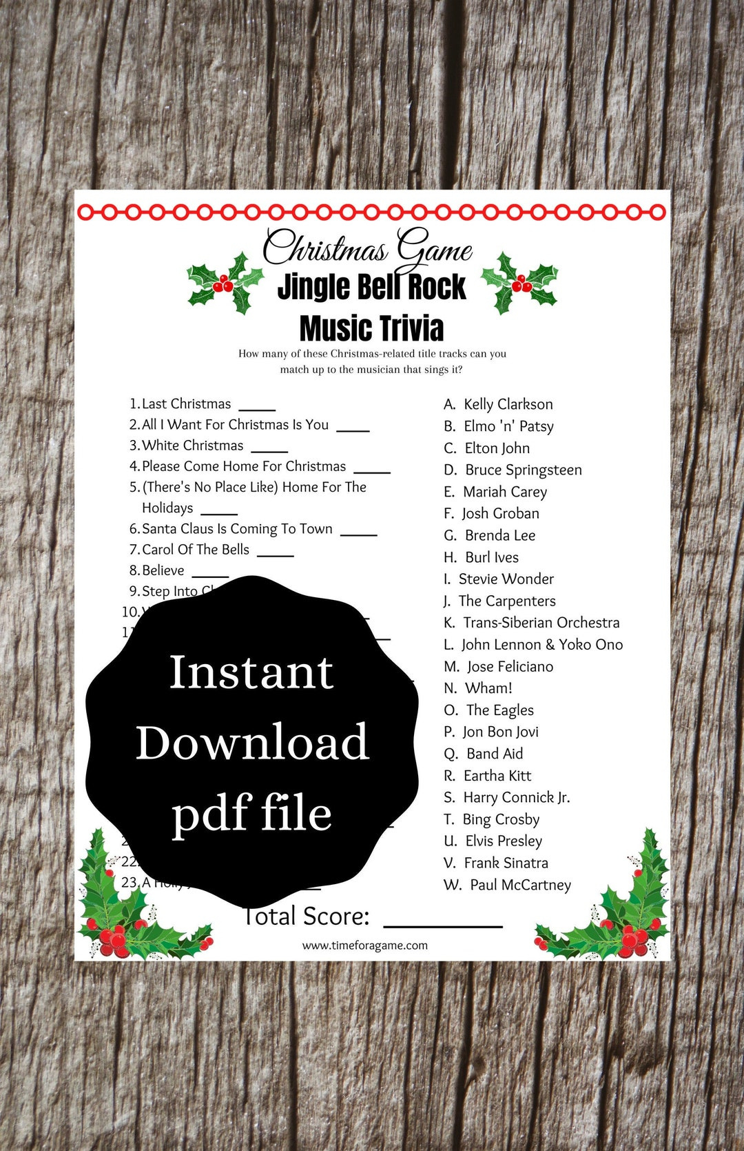 Christmas Jingle Bell Rock Music Trivia Family Party Game for Christmas Music Trivia Printable