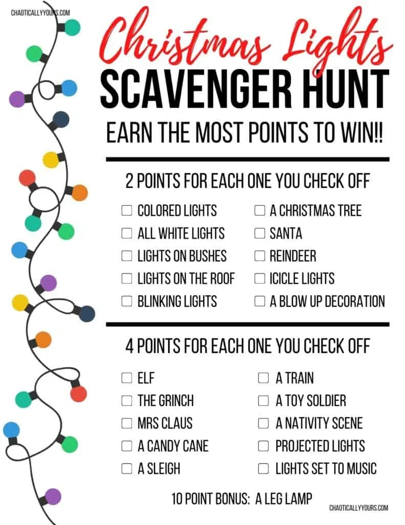 Christmas Lights Scavenger Hunt (Free Worksheet) - Chaotically Yours throughout Christmas Lights Scavenger Hunt List Printable