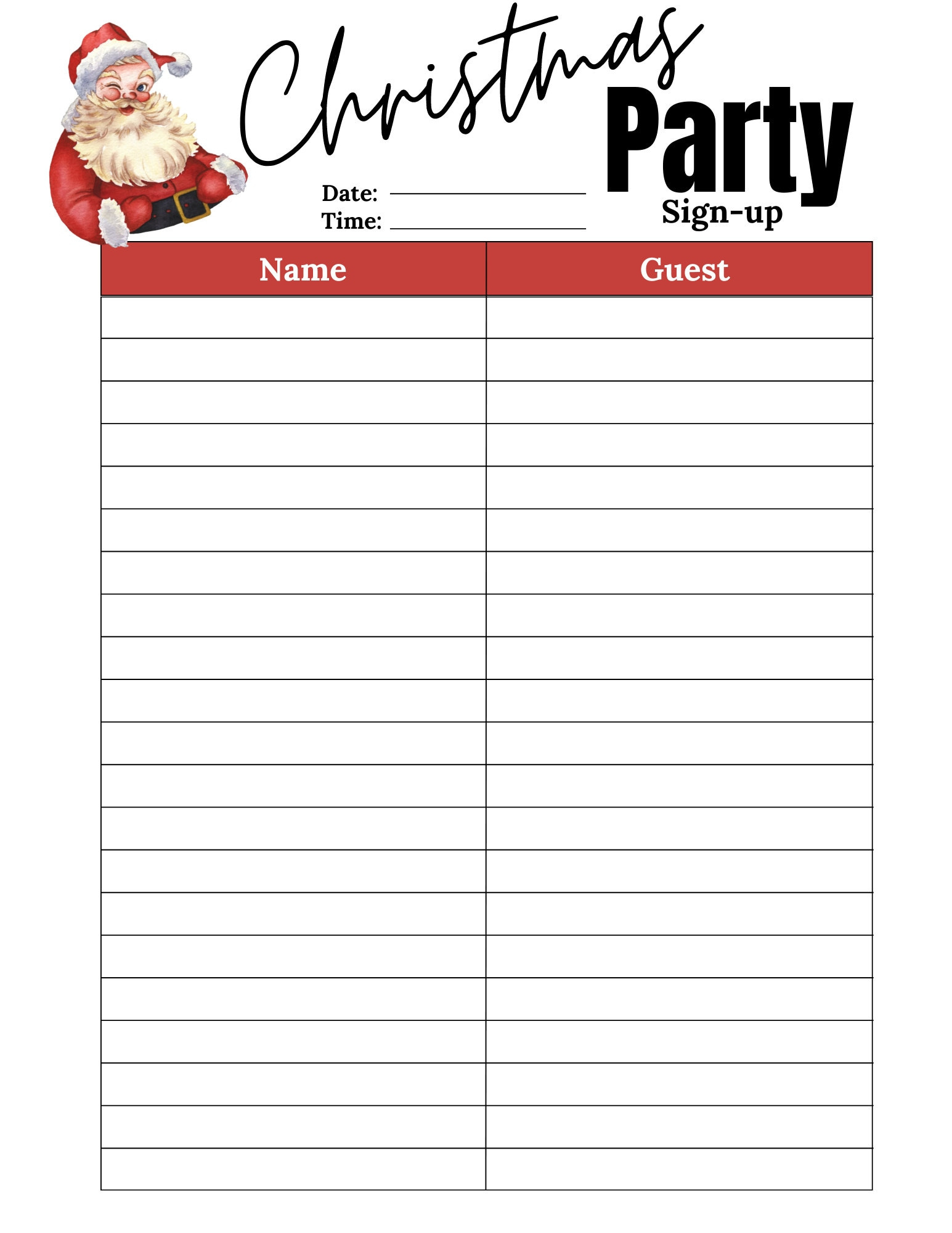 Christmas Party Sign Up Sheet Christmas Sign Up Party Sign Up within Christmas Party Sign Up Sheet Printable