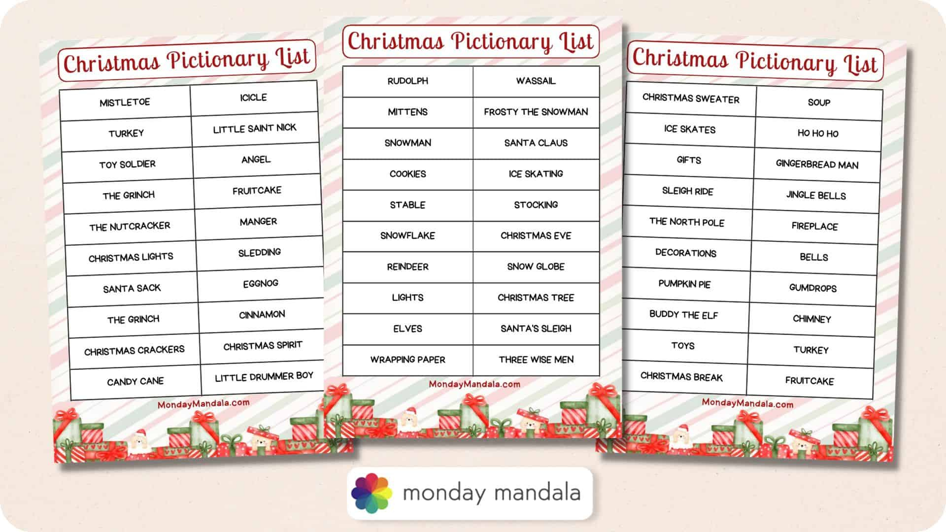 Christmas Pictionary Lists (Free Pdf Printables) regarding Christmas Pictionary Words Printable