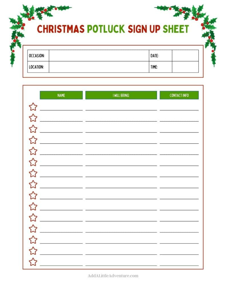 Christmas Potluck Sign-Up Sheets (Free Printables) for Free Printable Christmas Potluck Sign Up Sheet