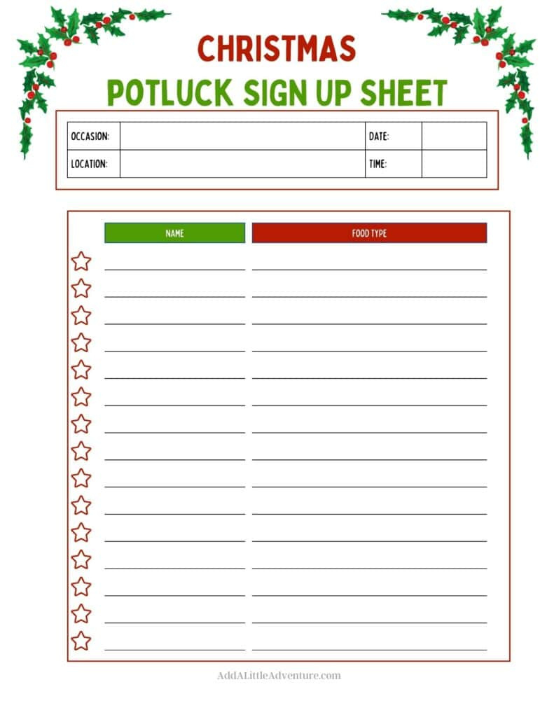 Christmas Potluck Sign-Up Sheets (Free Printables) within Christmas Party Sign Up Sheet Printable