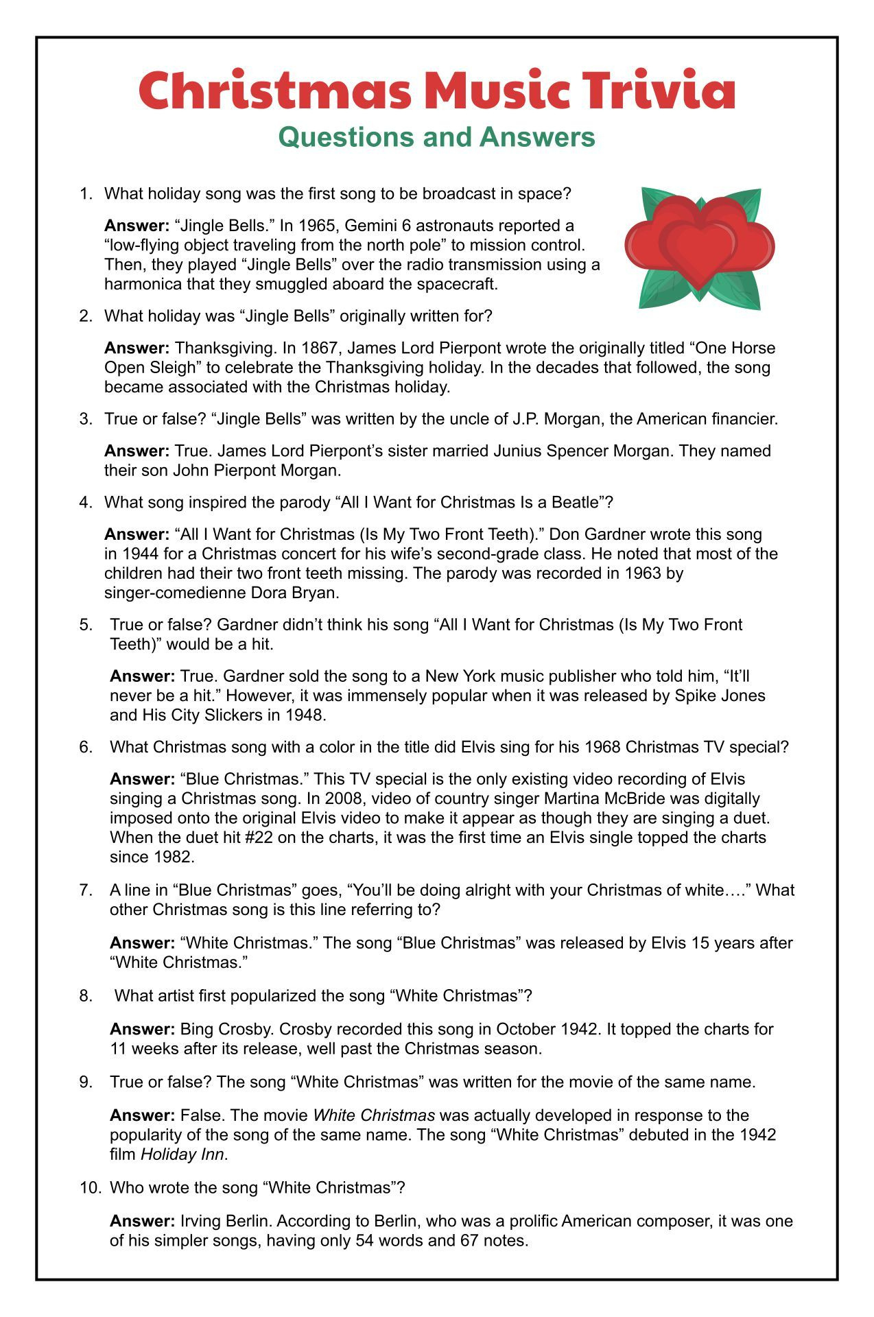 Christmas Song Trivia Game - 15 Free Pdf Printables | Printablee for Christmas Song Trivia Printable With Answers