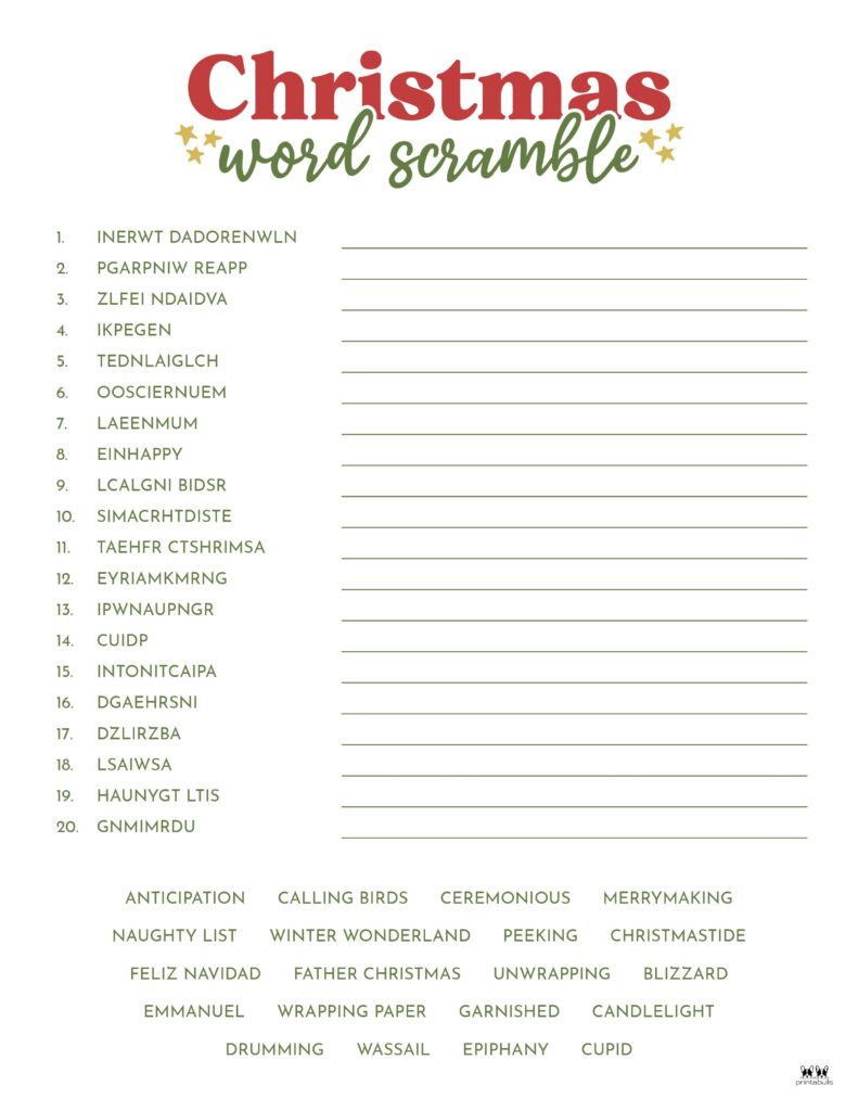 Christmas Word Scrambles - 15 Free Printables | Printabulls inside Free Christmas Word Scramble Printable