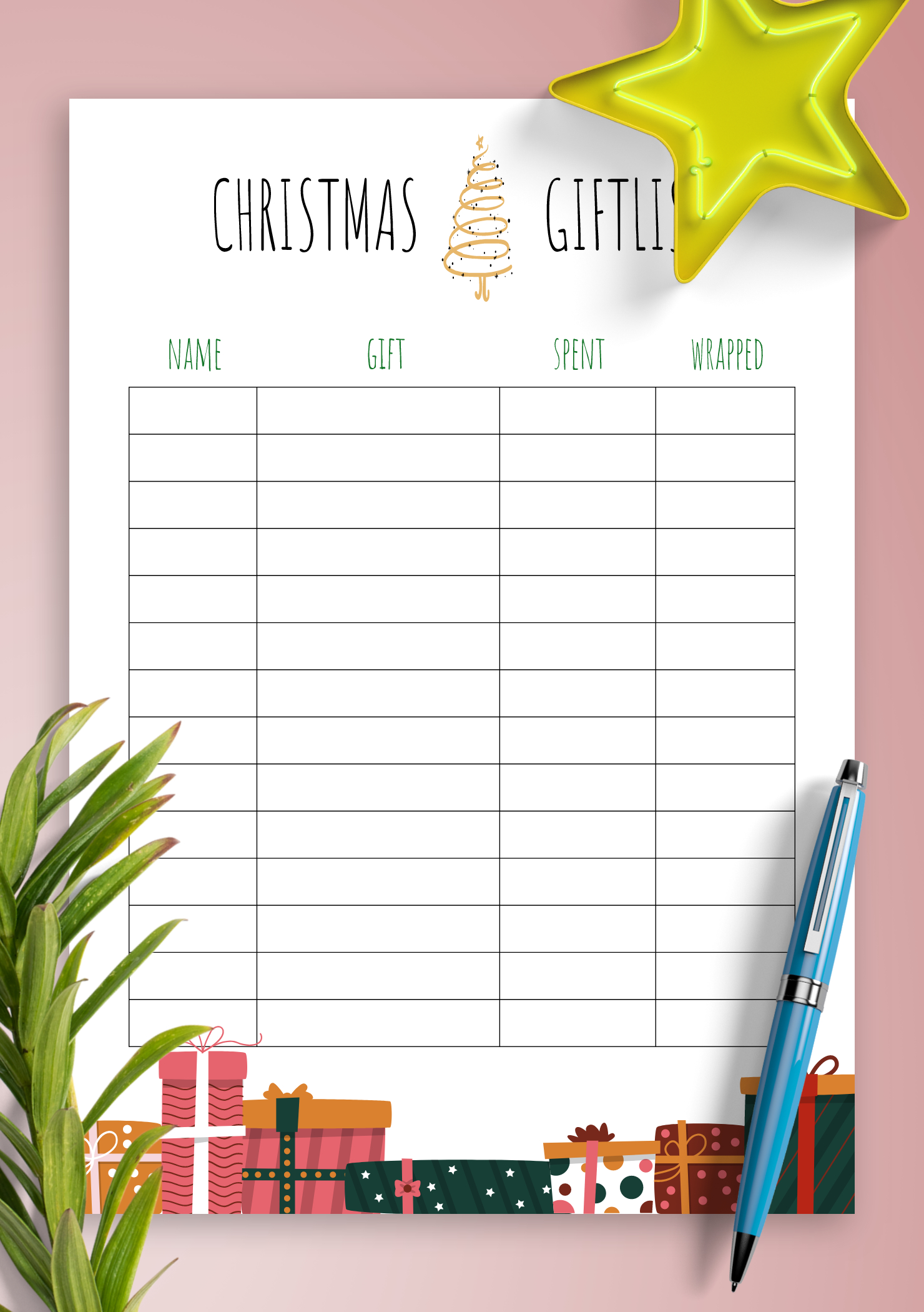 Download Printable Simple Bright Christmas Gift List Pdf in Christmas Gift Printable List